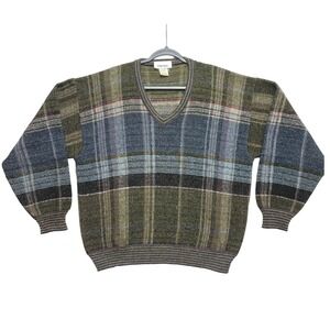 Vintage Damon Sweater Mens L Green Blue Plaid V-Neck Wool Blend Made in Italy